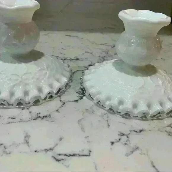 Fenton Silver Crest Candle Holders Spanish Lace Candlesticks Pair Art Glass VTG - Picture 3 of 8